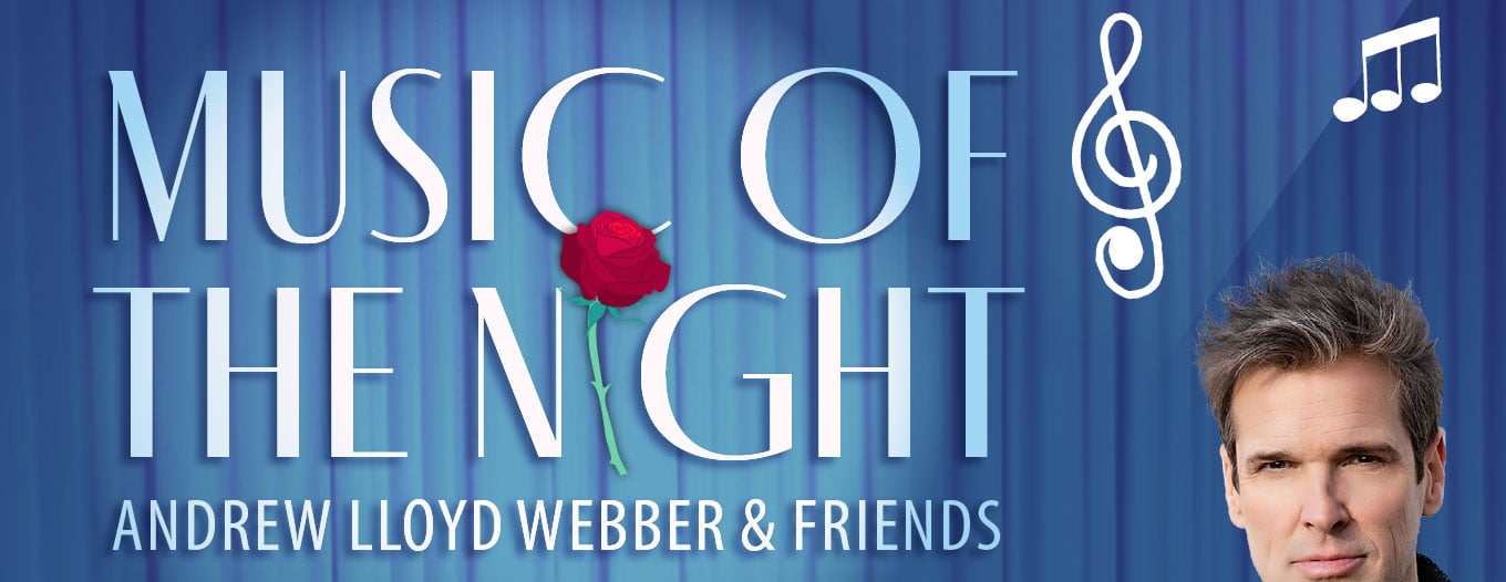 Show title: "Music of the Night" with a rose in place of the "i" in "Night", and head of Hugh Panaro